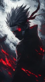 Masked anime swordsman stands in storm with red energy