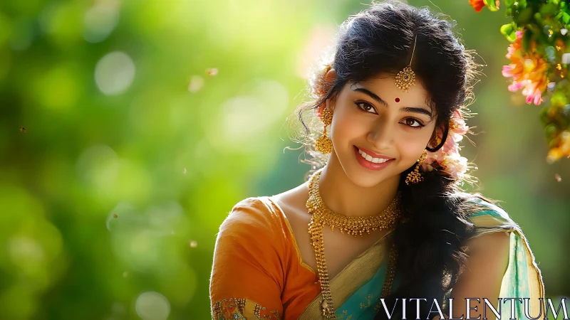 Smiling Indian Woman in Traditional Saree with Floral Jewelry, Vibrant Style.