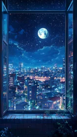 Anime night cityscape framed by open window and full moon.