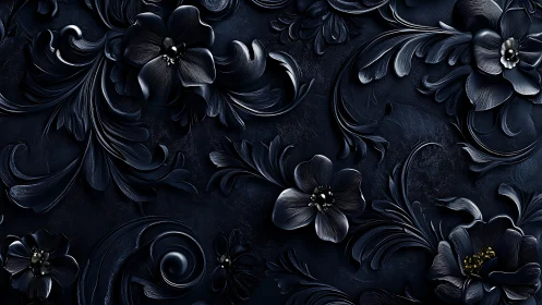 Dark Floral Baroque Relief on Deep Navy Surface.