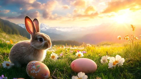 Backlit spring rabbit with decorated eggs in alpine meadow at dusk