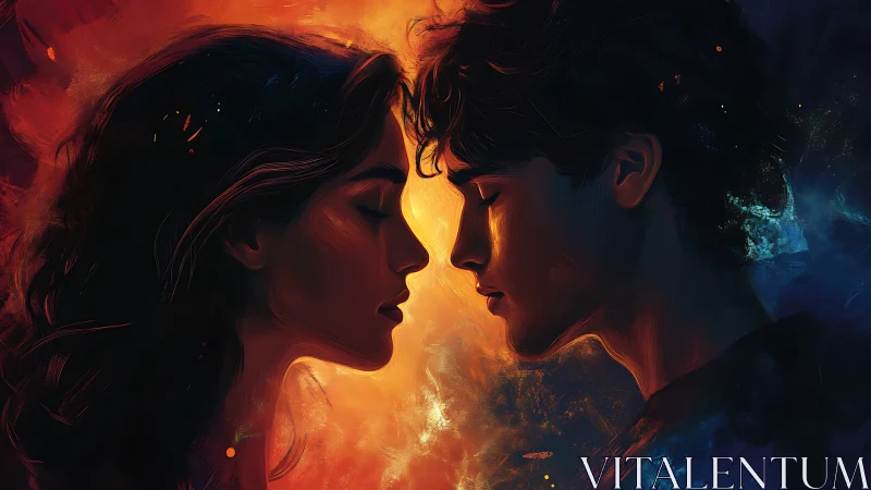 Two silhouetted profiles merging in luminous fire with contrasting cool-blue ambient tones.