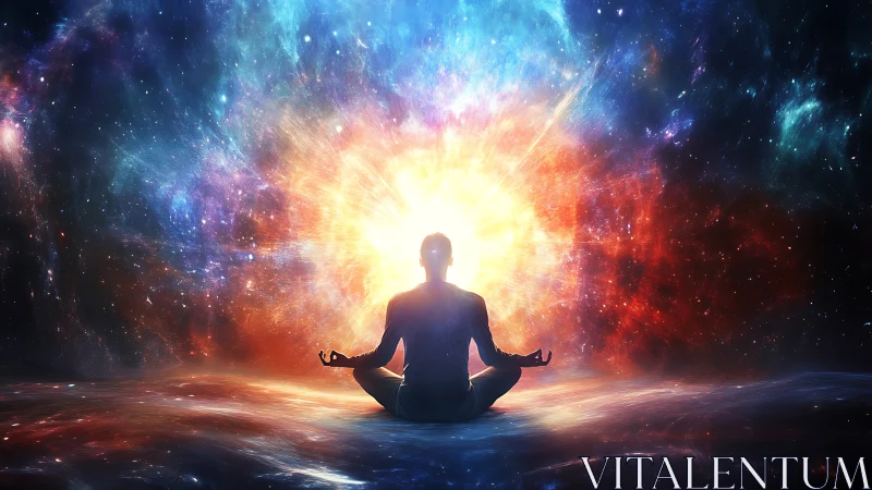 Cosmic meditative silhouette before radiant nebular singularity.