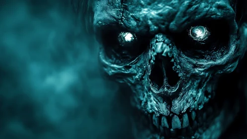 Undead skull glows with eerie cyan spectral light.