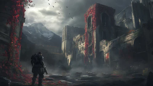 Armored lone soldier in ruined red‑clad fortress courtyard.