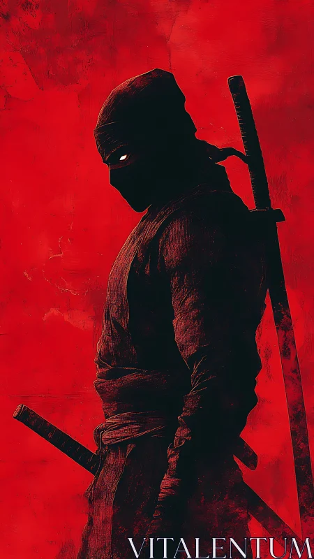 Ninja silhouette with twin swords on red background.