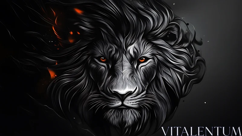 Stylized monochrome lion head with glowing orange eyes