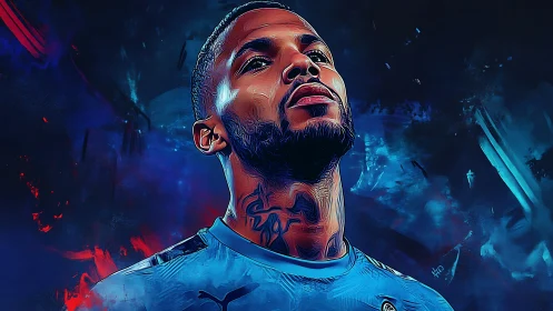 Dynamic digital portrait of footballer in electric blues.