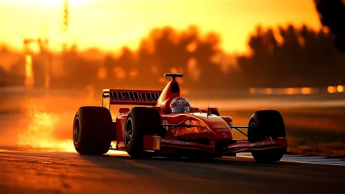 Sunset turns the scarlet Formula racer into liquid fire