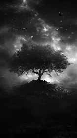 Monochrome celestial tree silhouette atop misted rise.