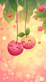 Digital kawaii cherry duo on bokeh orchard gradient background.