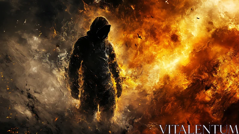 Hooded silhouette stands between raging fire and shadow storm