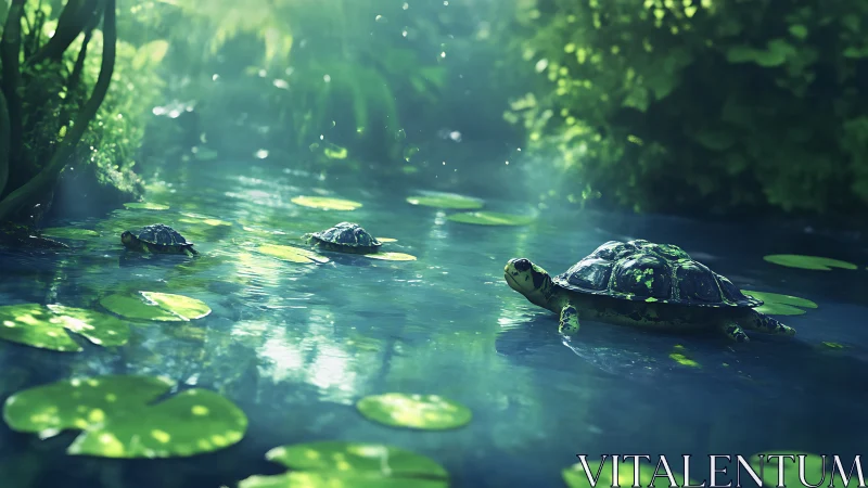 Turtles glide through sunlit forest pond with drifting lilies