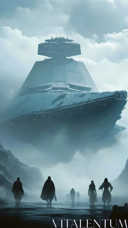 Massive star destroyer hovers over cloaked figures in mist