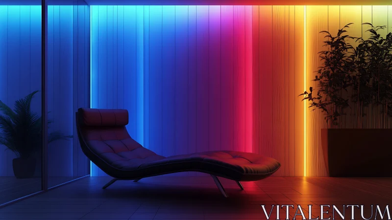 Neon lounge chair rests in a moody, color-shifted chill room