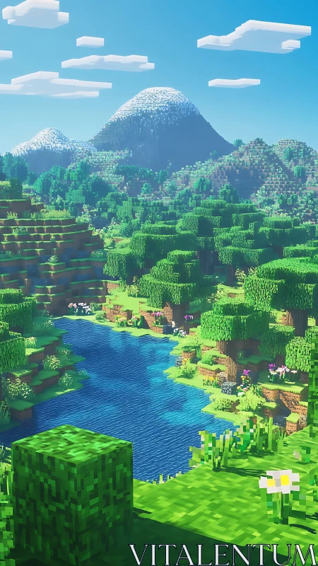 Blocky voxel river valley with trees and distant mountains.