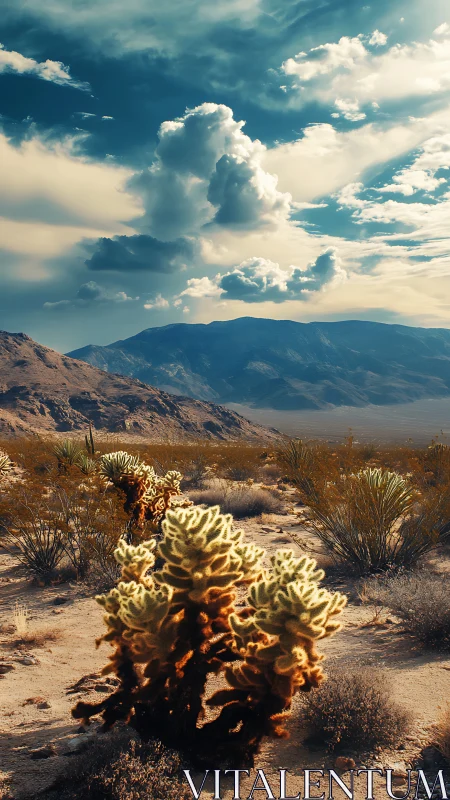 Sunlit desert cacti glow beneath towering cathedral clouds.
