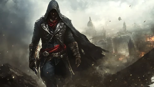 Hooded rogue strides through war-torn steampunk cityscape.