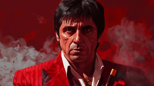 Digital portrait of stern man in red suit with smoky backdrop.