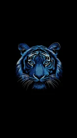Electric blue tiger head glows against deep black night.