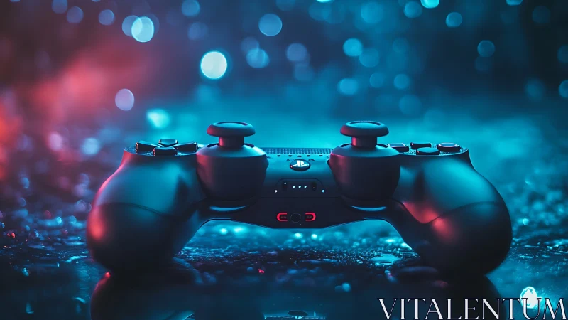 Midnight game controller glowing in neon blue and red light.