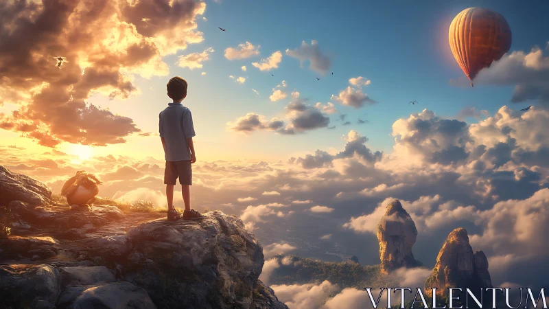 Boy on cloudside cliff observing stratified sky traffic.