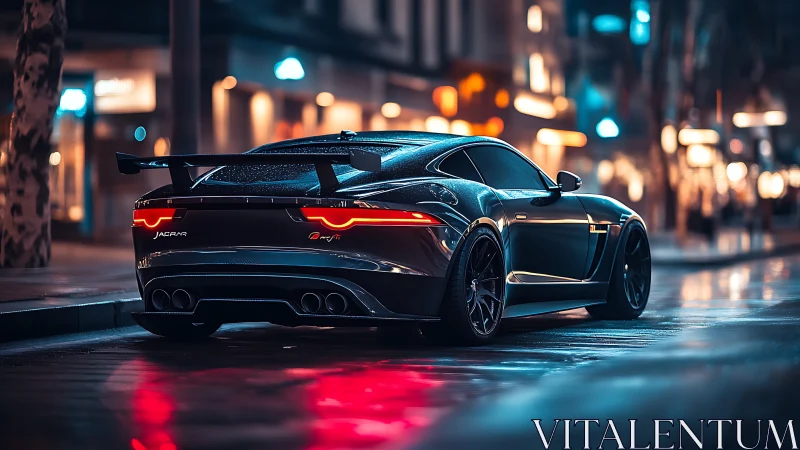 Low-angle rear view sports coupe on wet neon city street