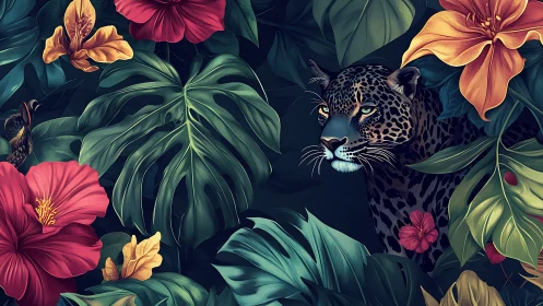 Leopard concealed in lush hibiscus and monstera jungle.