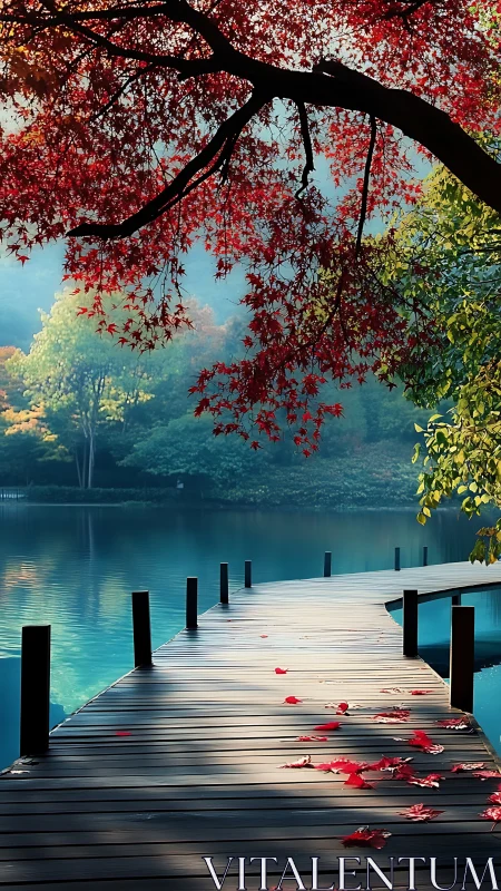 Crimson leaves escort a quiet pier into turquoise silence