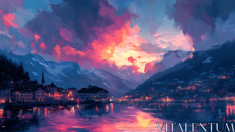 Alpine lakeside town under vivid magenta sunset sky.