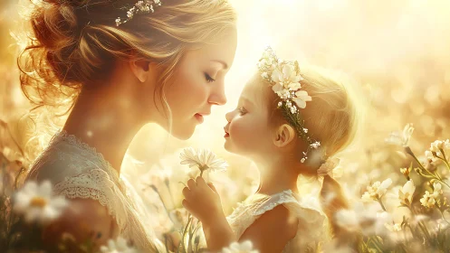 Golden Mother and Daughter: Luminous Garden Moment.