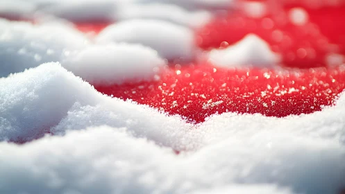 Close-up of Fresh Snow on Red Surface, Abstract Winter Photography.