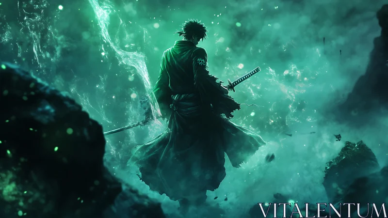 Lone swordsman in green mist facing unknown threat.