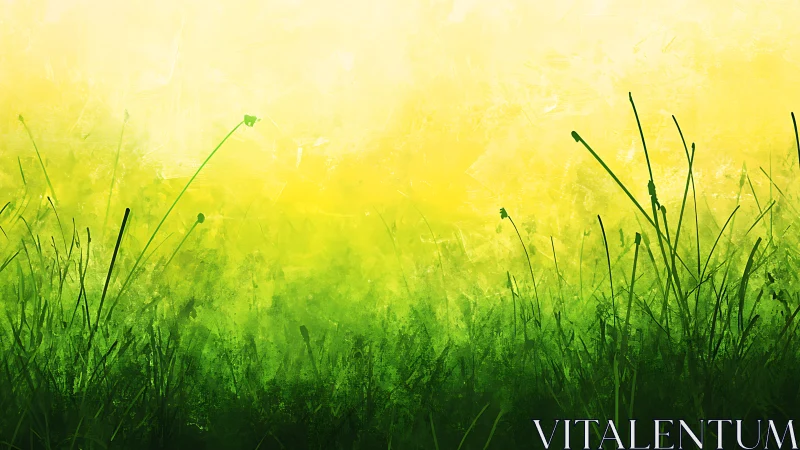 Sunlit green meadow edge glows under soft yellow sky