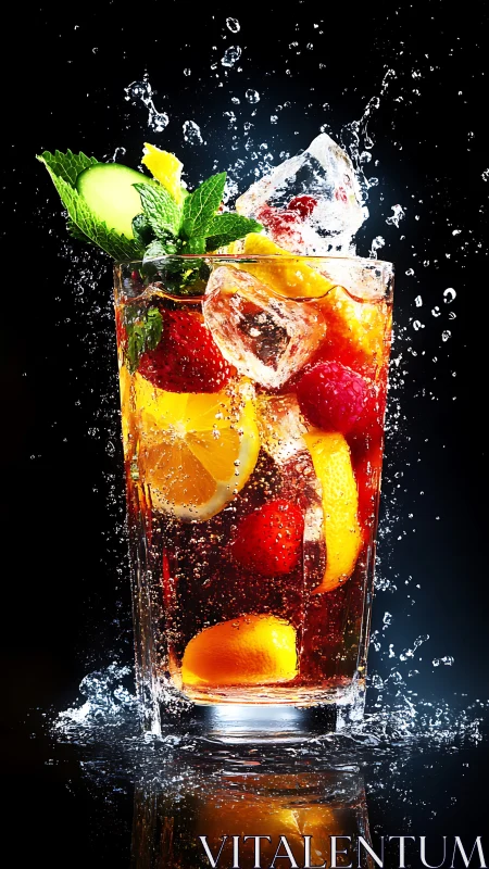 Tall glass with cola, ice, citrus slices, raspberries, ice splashing outward