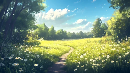 Winding meadow path under high-sun lighting and volumetric clouds