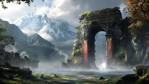 Mist-cloaked mountain gate brooding over forgotten waters.