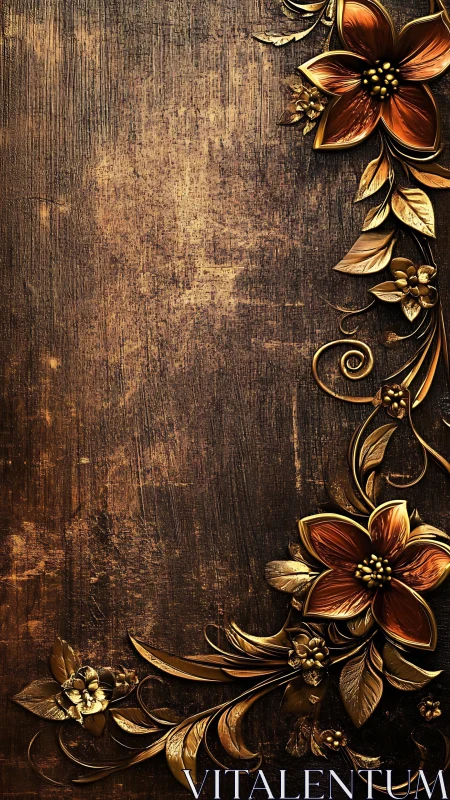 Gilded copper blossoms curl elegantly across worn wood