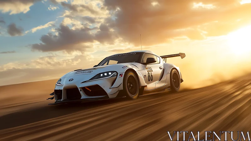 GT-style white race car drifting on desert track at sunset