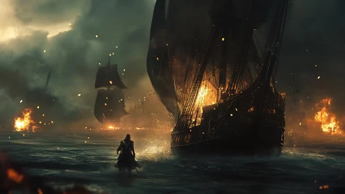 Maritime inferno with lone combatant amid burning warships.