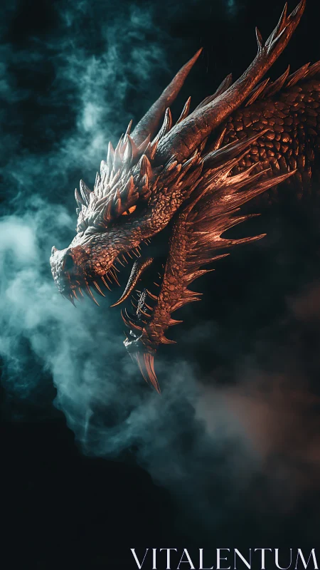 Fiery dragon head emerges through swirling blue smoke