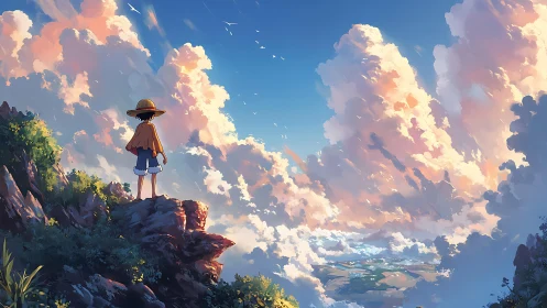 Boy in straw hat stands on rocky cliff facing huge clouds