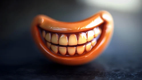 Realistic Orange Cartoon Smile Sculpture on Dark Background.