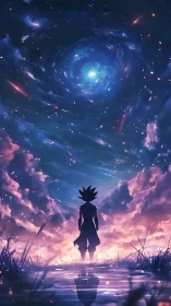 Solitary anime silhouette observing cosmic vortex sky