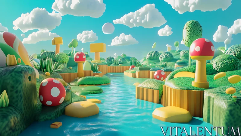 Whimsical 3D river valley with bright mushrooms and clouds.