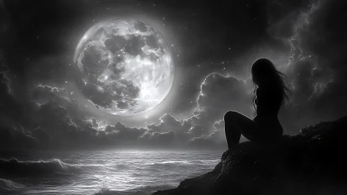 Silhouetted figure studies oversized moon above monochrome sea