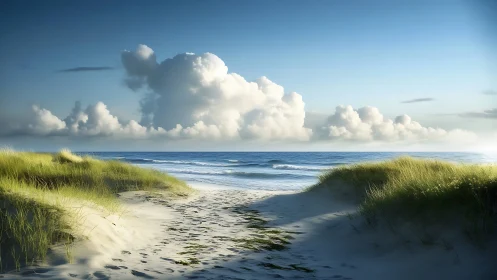Sunlit dune path opens toward calm blue ocean horizon