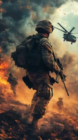 Heavily armed infantry squad advances through smoky battlefield