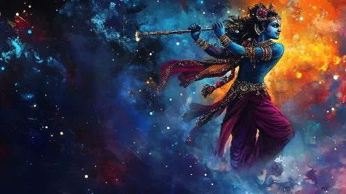 Divine blue deity swirling through cosmic nebula clouds.