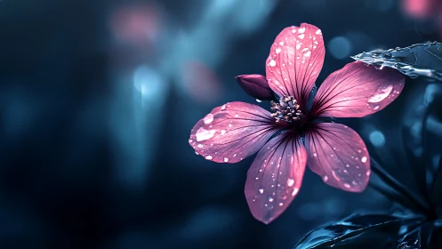 Pink Blossom with Water Droplets: Nocturnal Botanical Study.